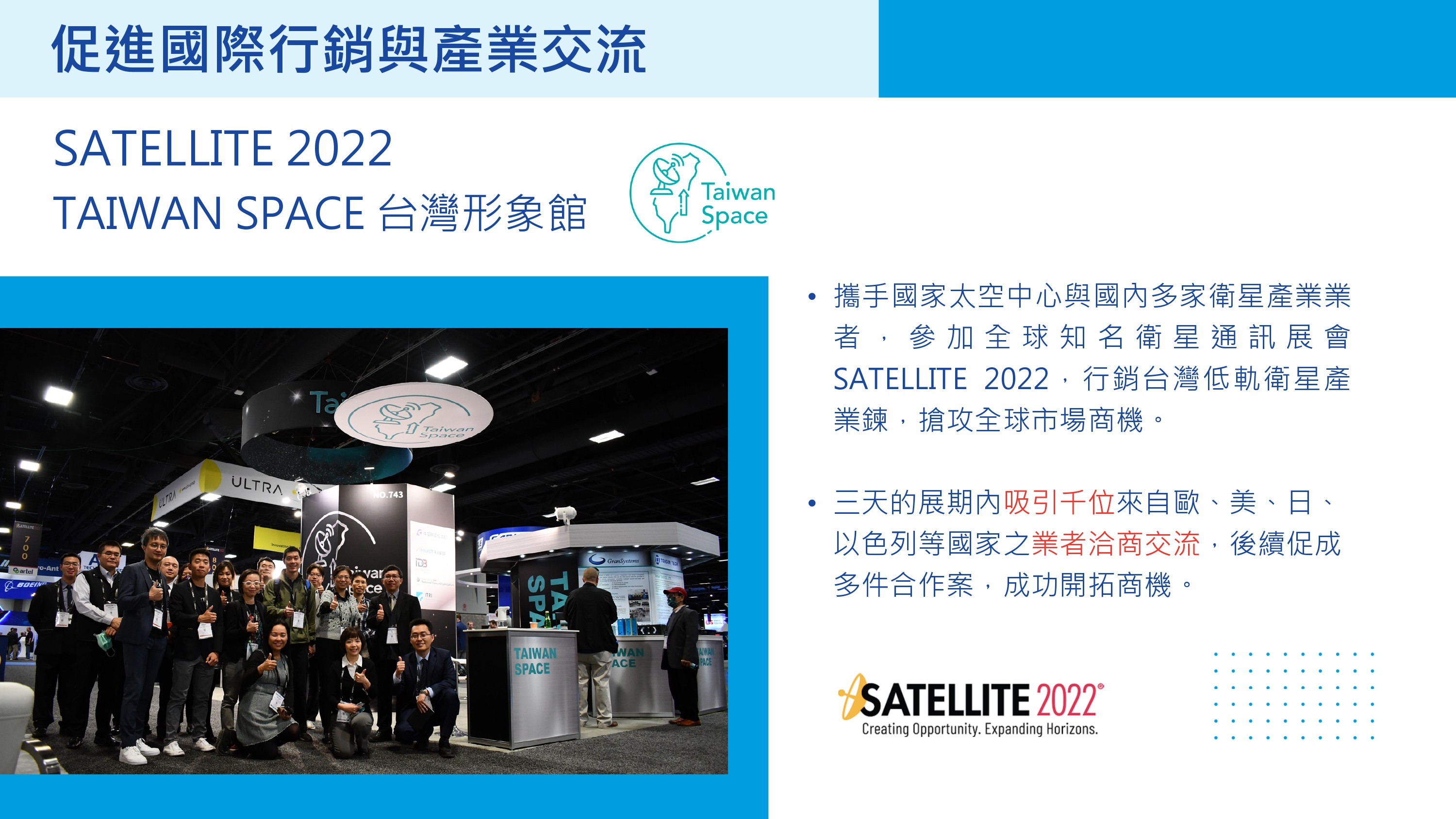 促進國際行銷與產業交流 SATELLITE 2022 TAIWAN SPACE 台灣形象館